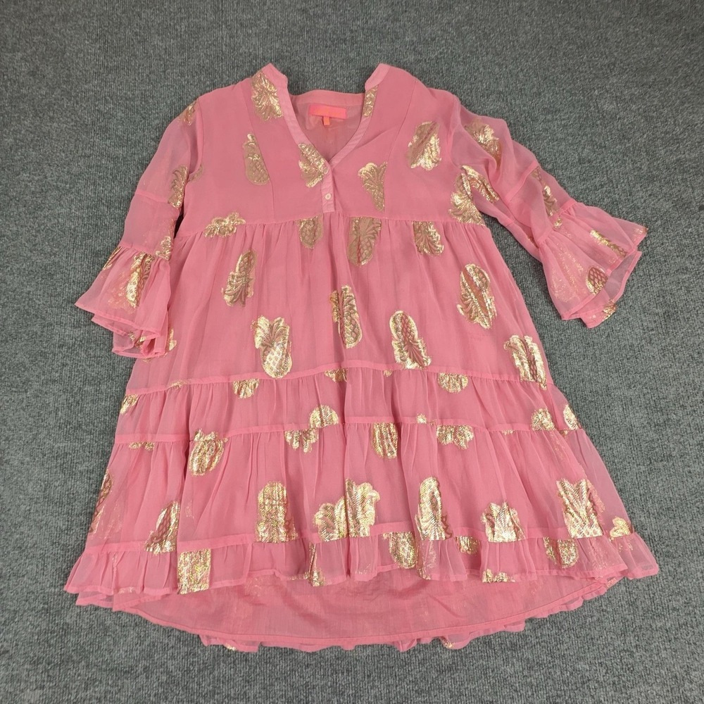 Simply Southern Dress Womens Medium Pink Pineapple Foil 3/4 Bell Sleeve Boho